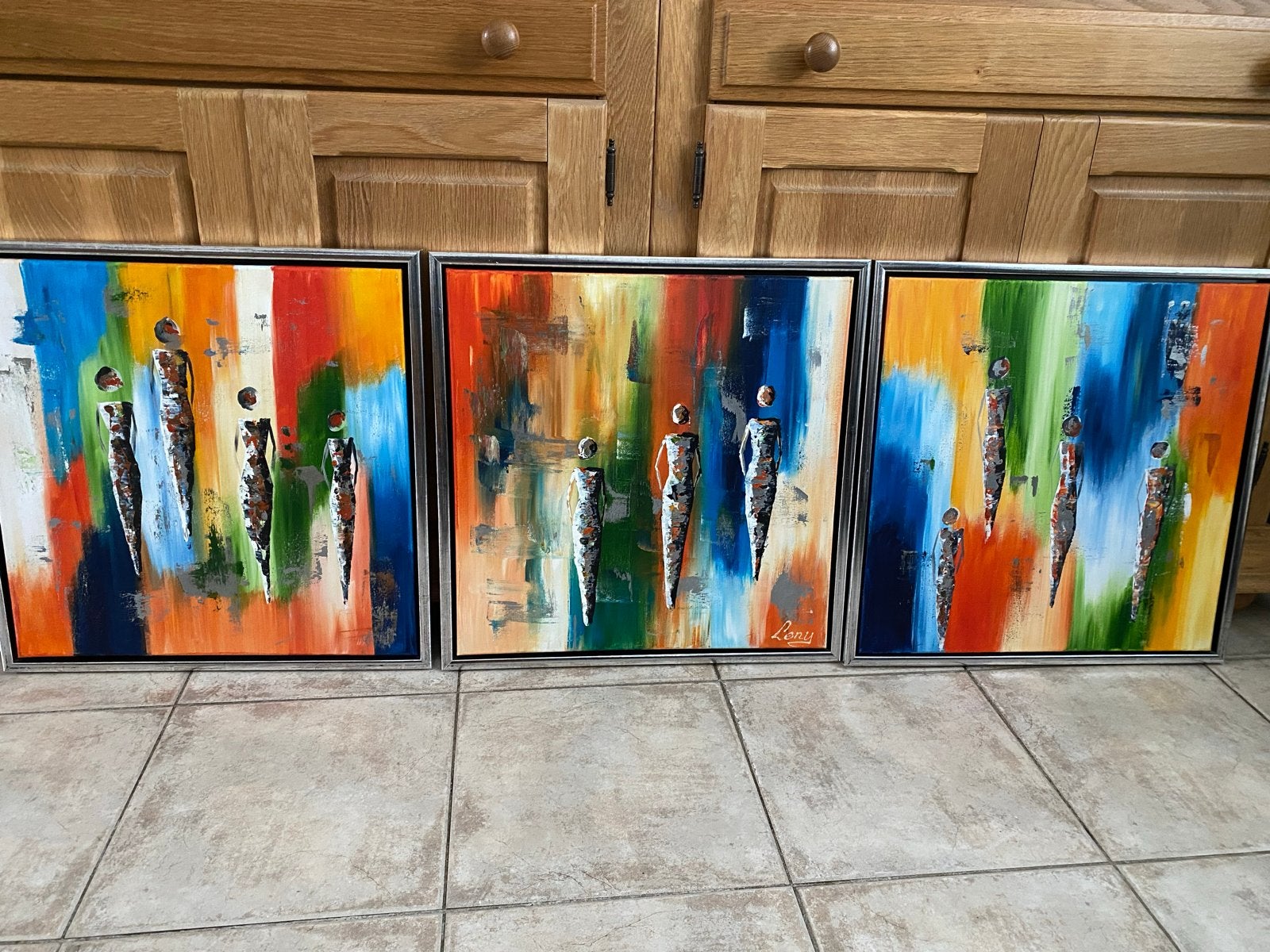 Set van 3 kleurrijke abstracte schilderijen met figuren, Ophalen of Verzenden