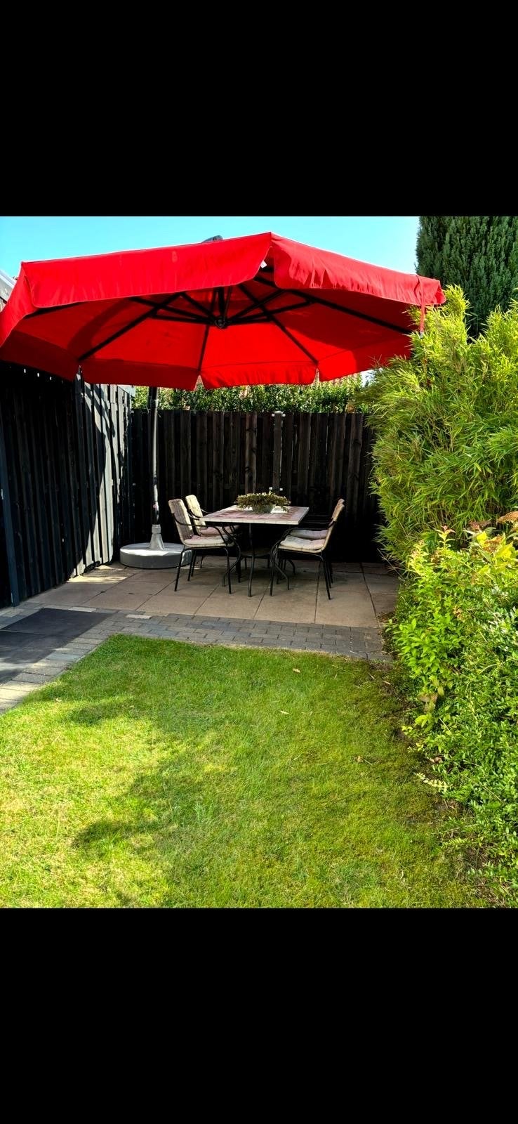 Grote rode zweefparasol van Sun Garden easy sun, Ophalen, Gebruikt, 3 tot 4 meter, Zweefparasol