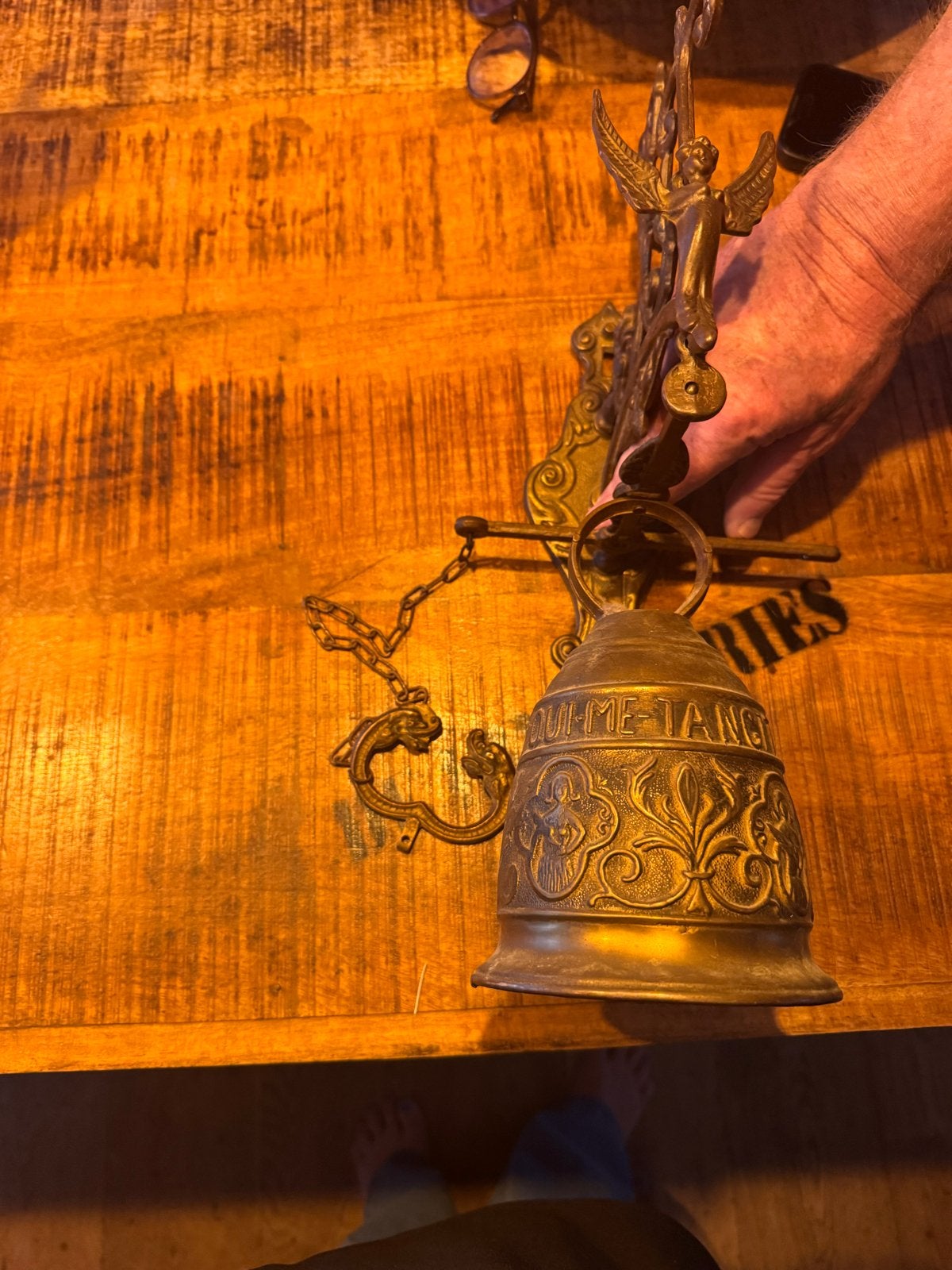 Antieke bronzen bel met engel en ketting, Ophalen of Verzenden