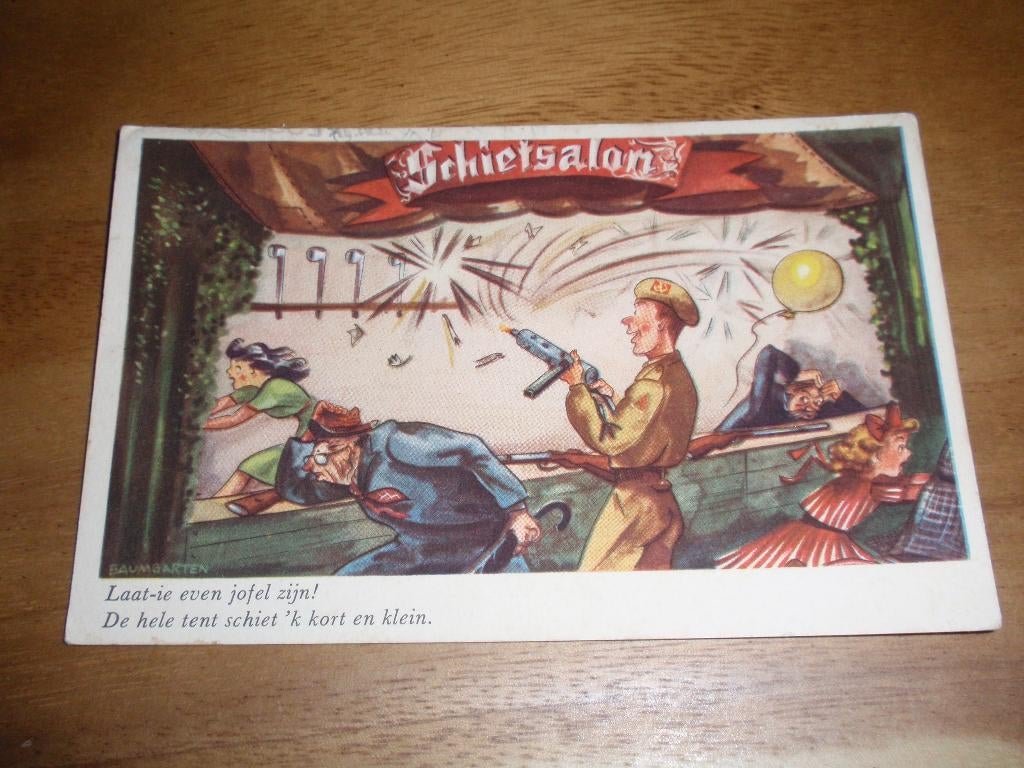 Soldatenkaart Schietsalon Illustrator Baumgarten Militair, Verzenden, 1940 tot 1960, Gelopen
