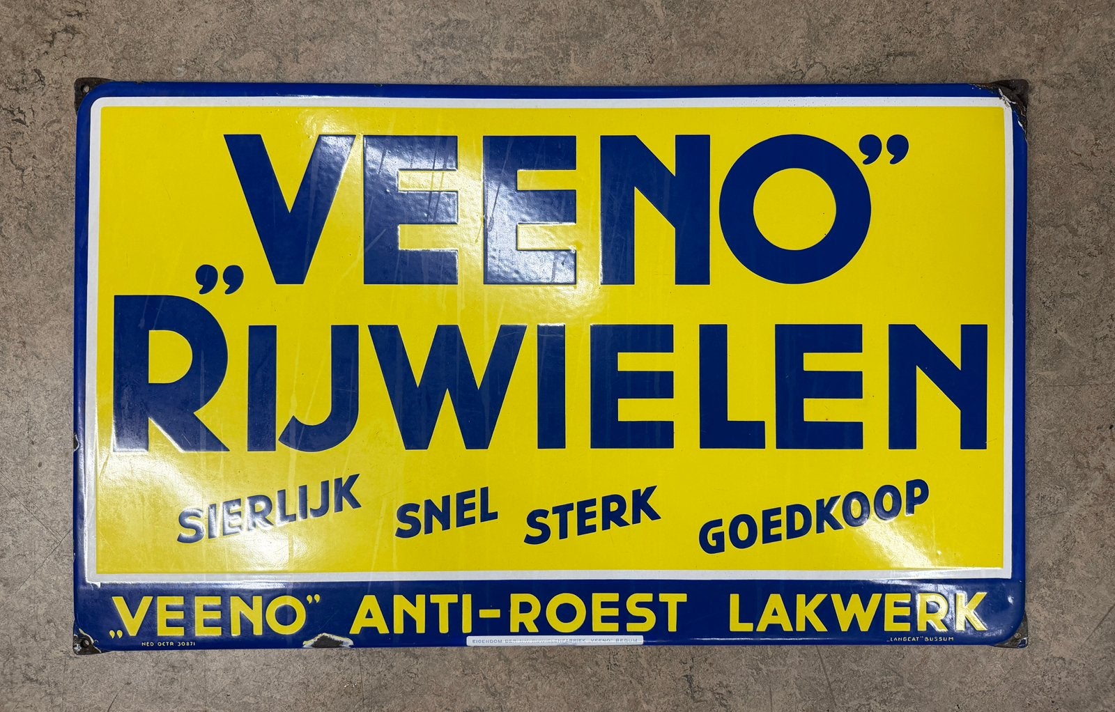 Origineel emaille bord reclamebord Veeno Rijwielen Bedum, Ophalen of Verzenden, Gebruikt, Reclamebord
