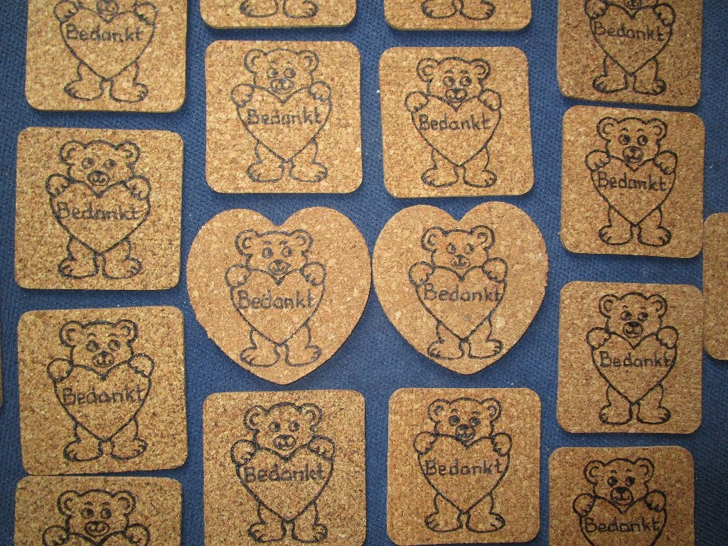 Bedankje op coaster + overige artikelen Creamar Pyrografie, Ophalen of Verzenden, Nieuw, Glas of Kopje