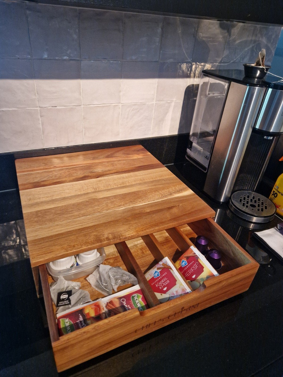 Capsulehouder met lade - Houten opberger voor capsules, Hout, Ophalen of Verzenden, Overige typen, Gebruikt