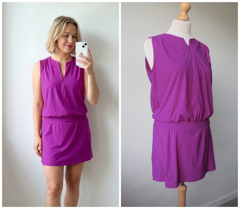 LaDress - mooie travelstof jurk paars roze - maat S, Kleding | Dames, Verzenden, Paars, Zo goed als nieuw, Maat 36 (S)