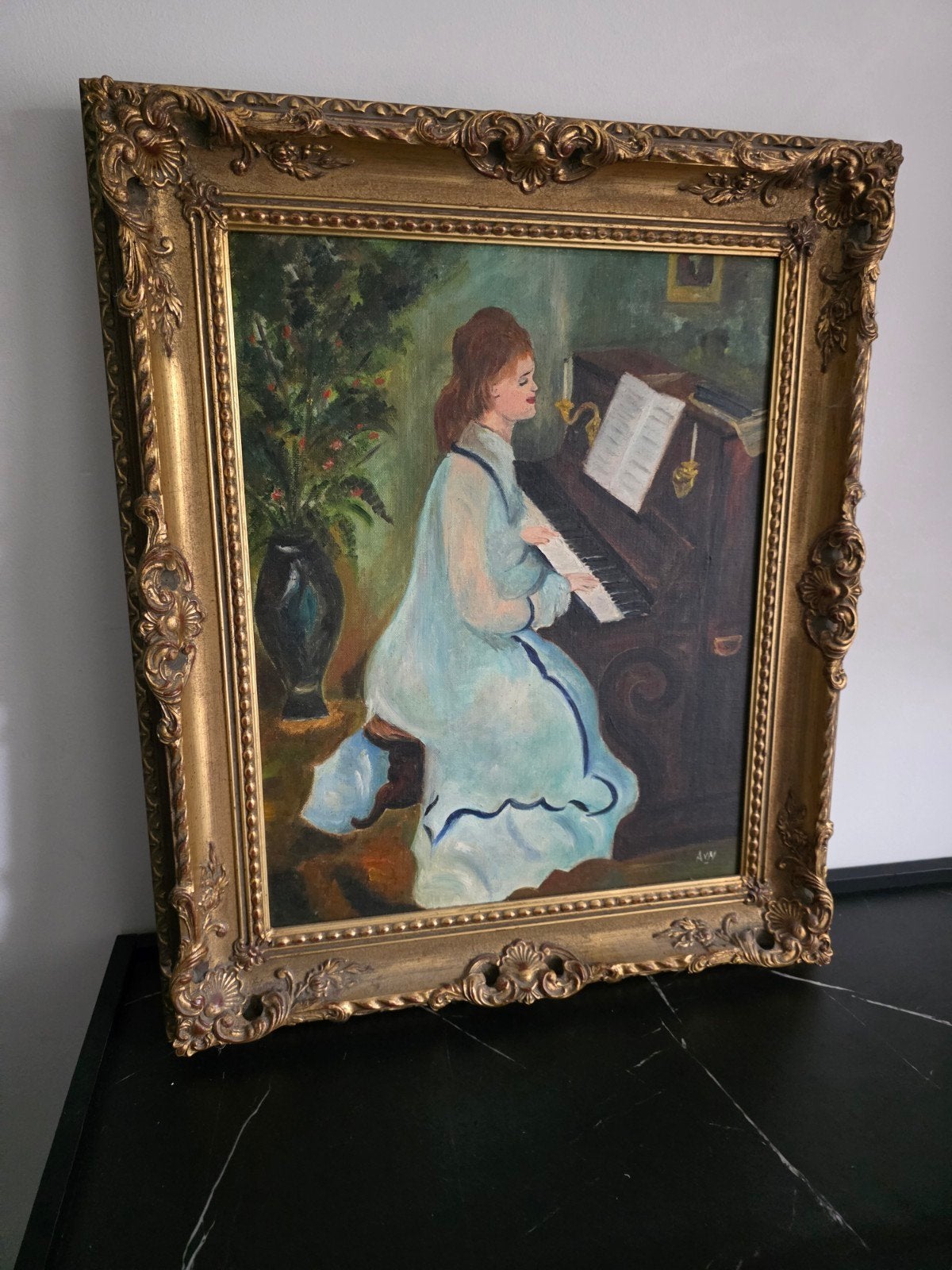 Olieverfschilderij “Vrouw aan de piano”, Antiek en Kunst, Ophalen of Verzenden