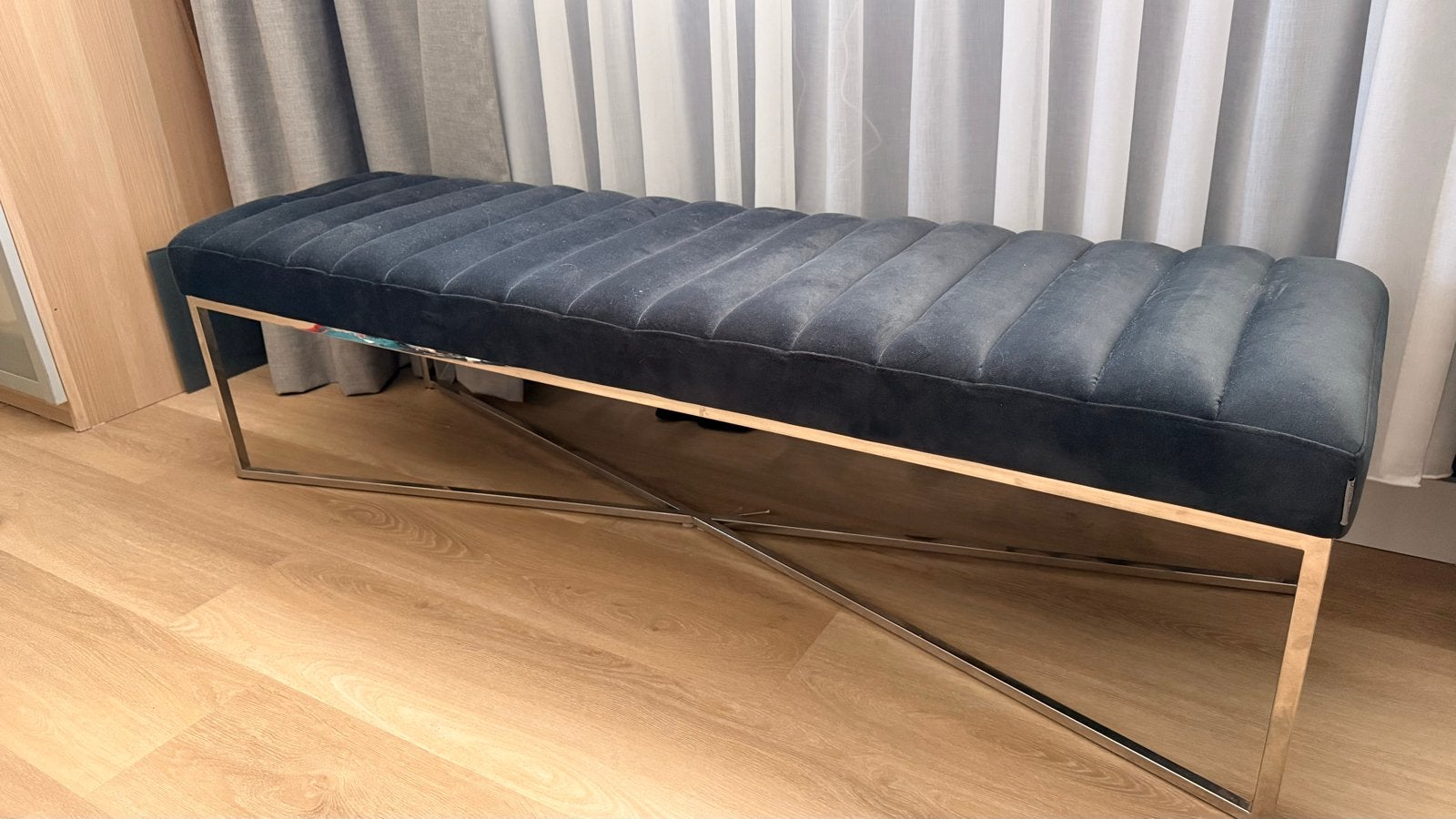 Riviera Maison Bench Groot - Donkerblauw Velours met Zilver, Ophalen, Minder dan 75 cm, 150 tot 200 cm, Tweepersoons