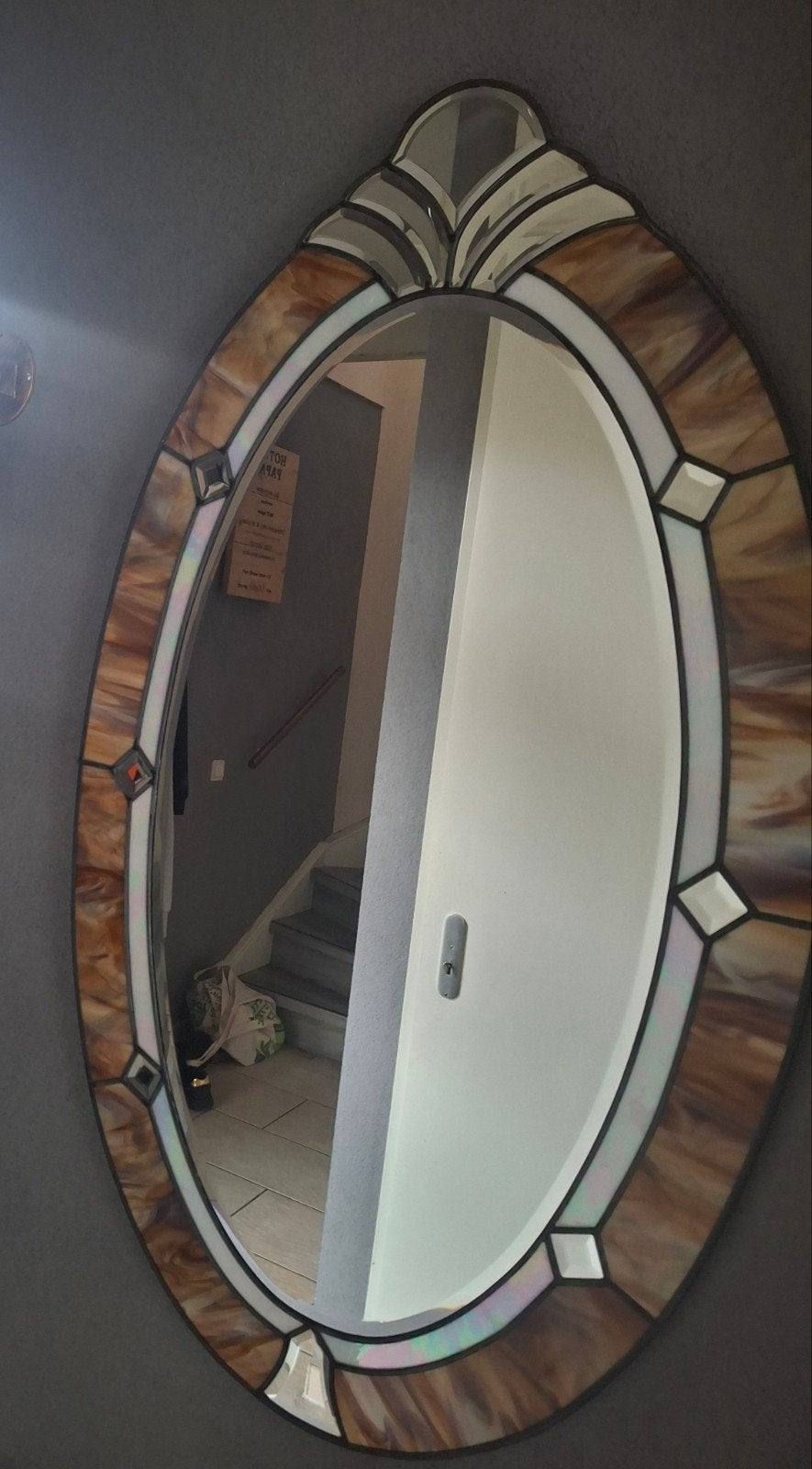 Ovale spiegel met glas-in-lood rand, Antiek en Kunst, Ophalen, Ovaal, 50 tot 100 cm, Minder dan 100 cm
