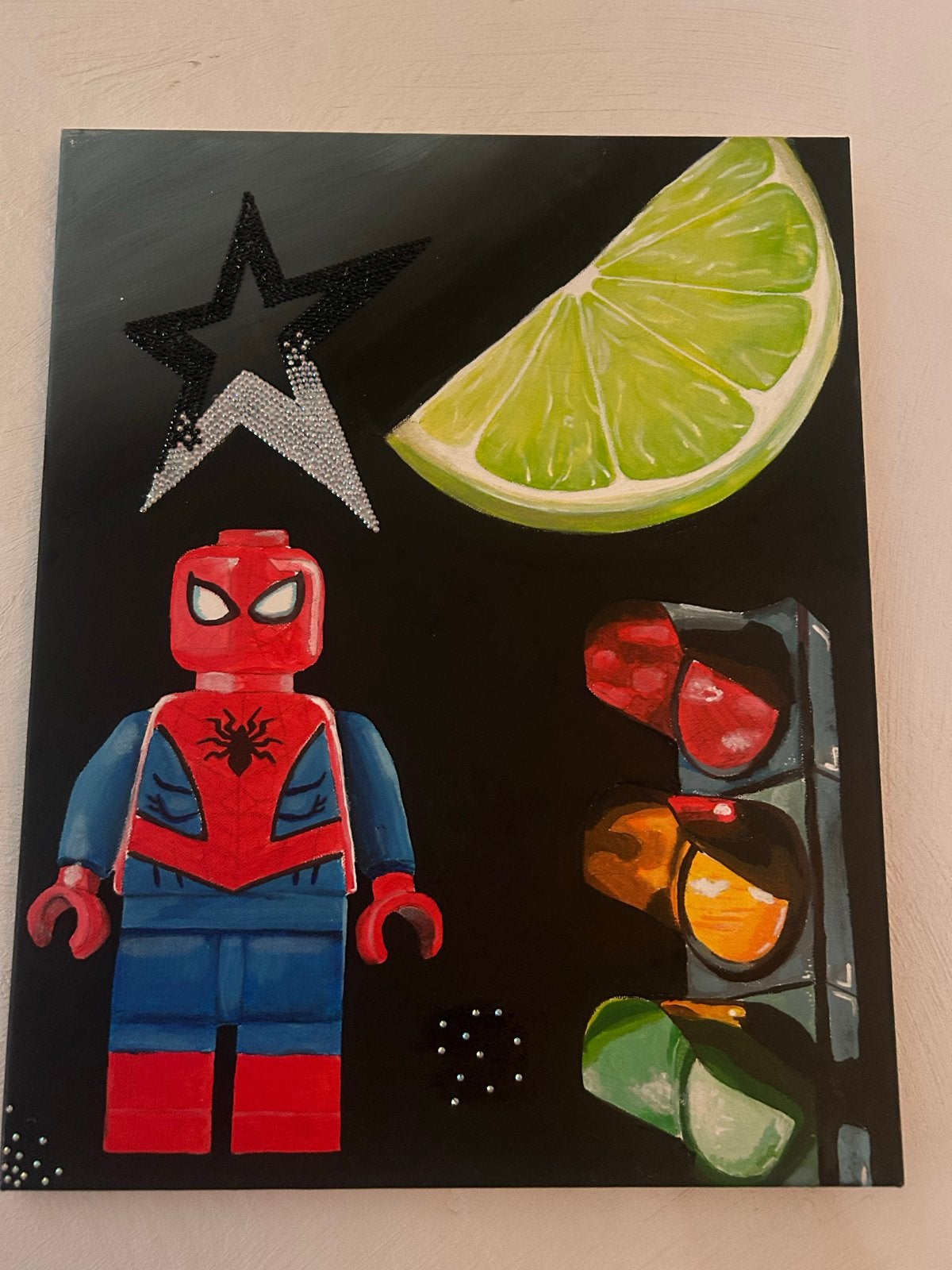 Schilderij LEGO Spider-Man 50x40 cm gesigneerd, Antiek en Kunst, Ophalen, Gesigneerd, Stripfiguren/cartoons