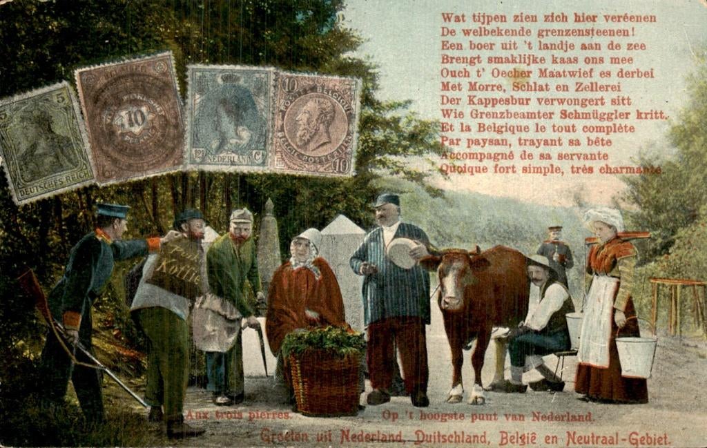 Grenspost - Boeren met koe bij grenspalen, Ophalen of Verzenden, 1920 tot 1940, Gelopen, Gelderland