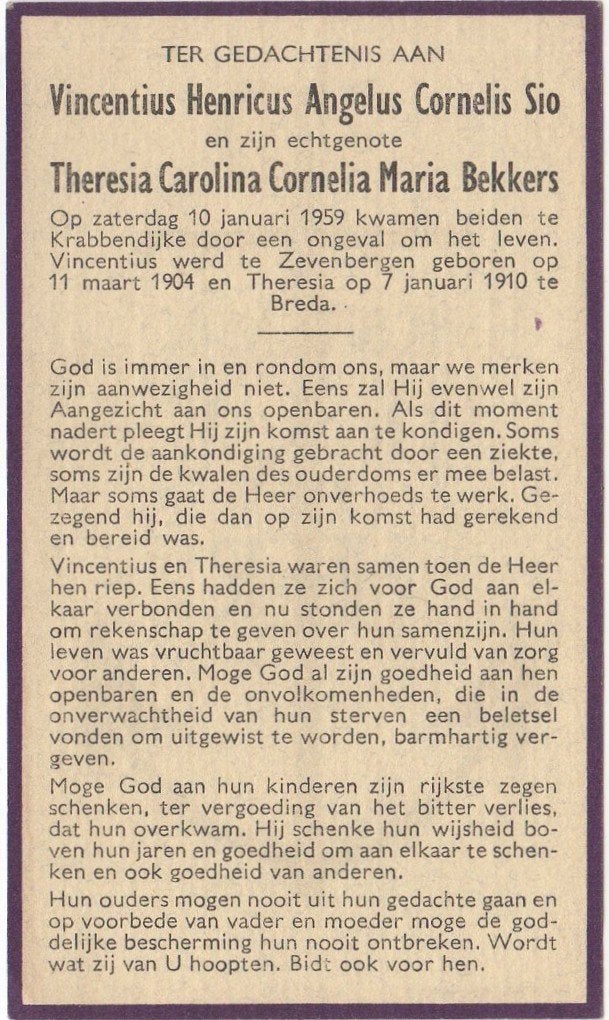 Vincentius H.A.C. Sio 1904 Zevenbergen + 1959 Krabbendijke, Verzamelen, Verzenden