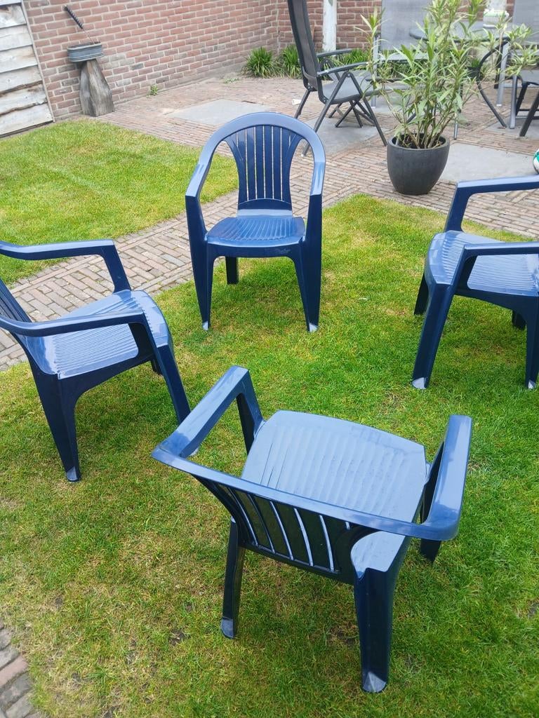 4x Panther kunststof tuinstoelen, blauw, Ophalen, Gebruikt, Kunststof