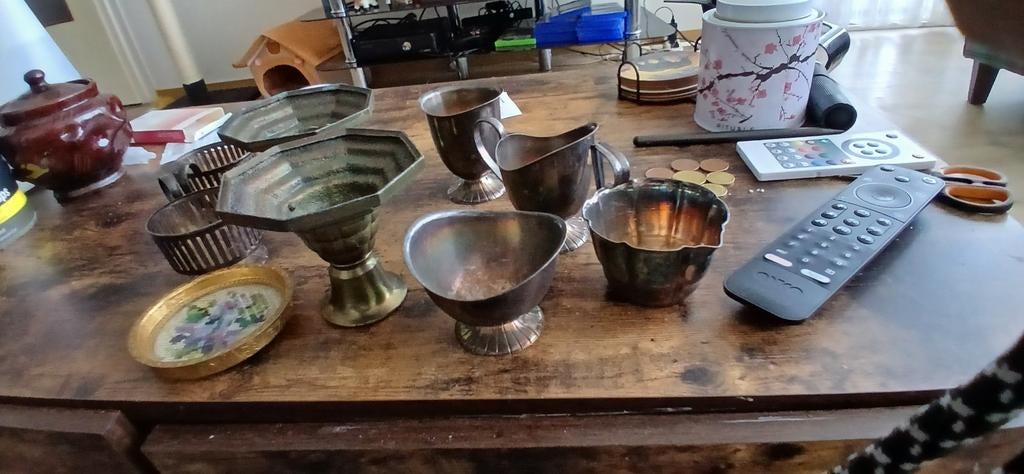 Diverse verzameling van  verzilverde en messing voorwerpen, Antiek en Kunst, Antiek | Goud en Zilver, Ophalen of Verzenden, Zilver