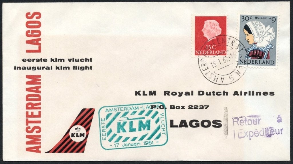 1e KLM vlucht Lagos 1961, Postzegels en Munten, Brieven en Enveloppen | Nederland, Verzenden, Envelop