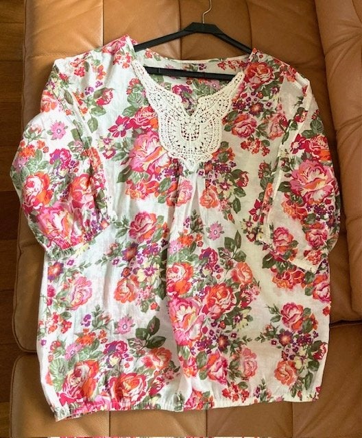 * roze gebloemde blouse met kant katoen mt 40/42 KOOPJE!, Maat 38/40 (M), Ophalen of Verzenden, Roze, Onbekend