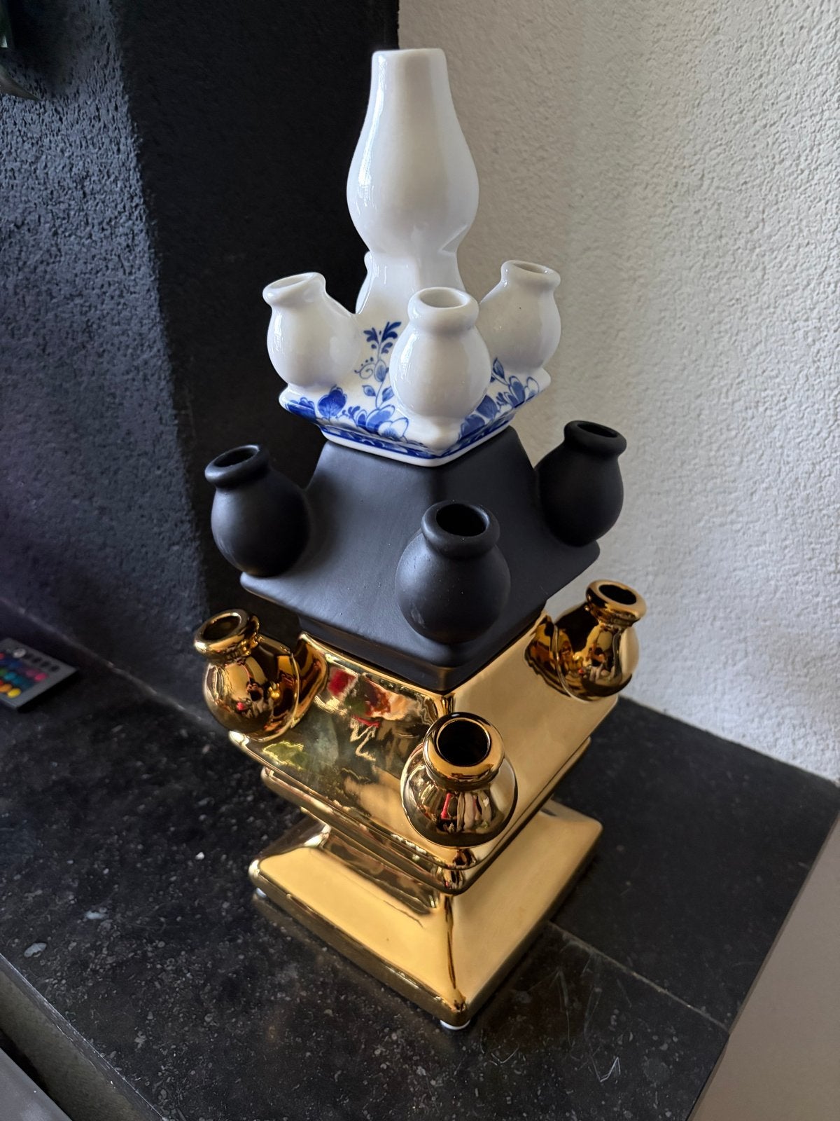 Stapelgekte tulpenvaas- Delfts Blauw, Zwart & Goud, Huis en Inrichting, Woonaccessoires | Vazen, Meerkleurig, Nieuw, Ophalen of Verzenden