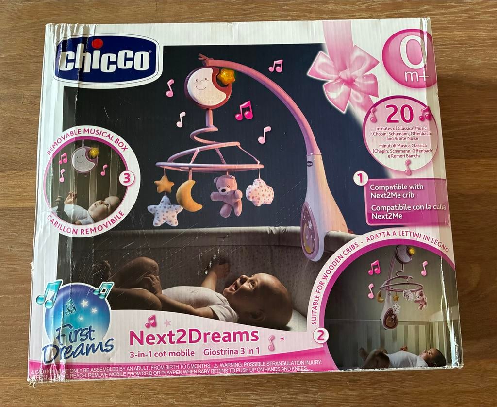 Chicco Next2Dreams Mobiel 3-in-1 Roze, Kinderen en Baby's, Ophalen, Zo goed als nieuw, Mobiel, Met licht