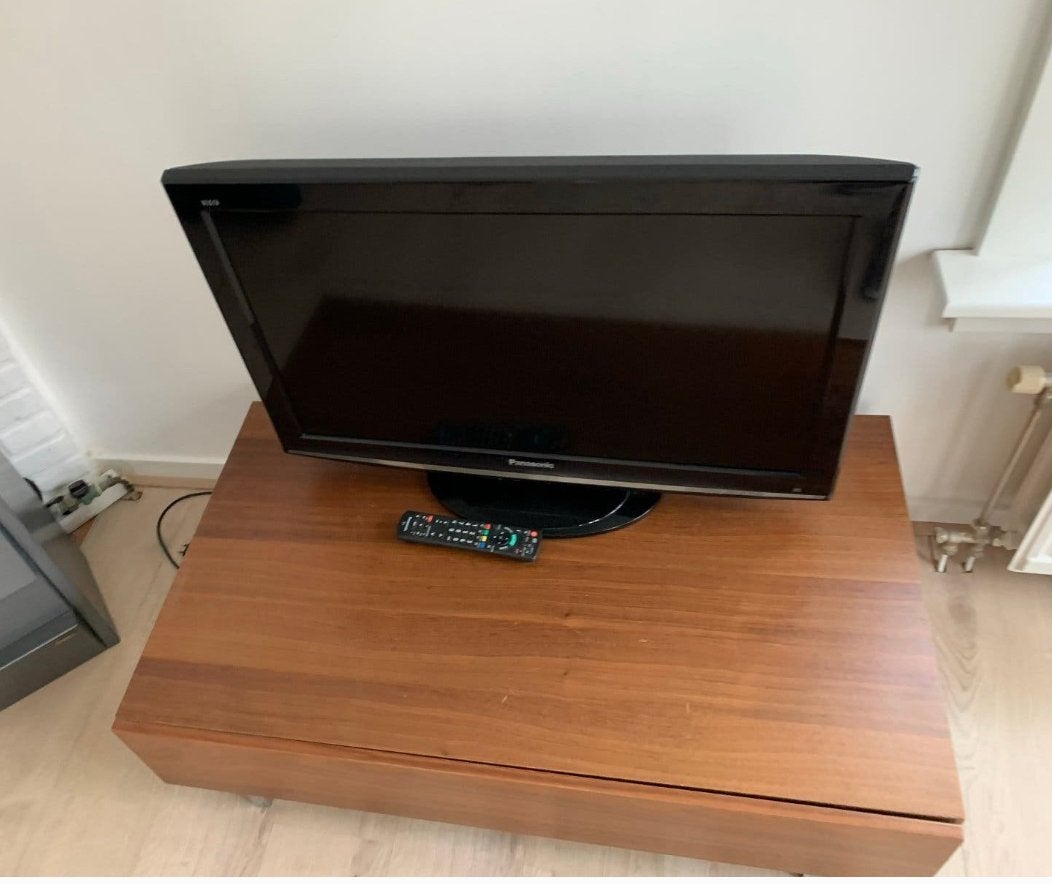 Design TV-meubel met notenhouten lade en RVS poten, Ophalen, Gebruikt, 100 tot 150 cm, Minder dan 100 cm