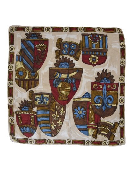 Vintage zijde designer foulard, beige/bordeaux, Kleding | Dames, Verzenden, Maat 46/48 (XL) of groter, Zo goed als nieuw, Sjaal