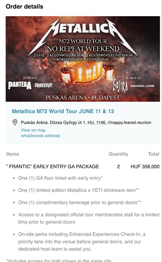 Metallica 2x weekend-kaartjes Budapest early Entry, Twee personen, Hard Rock of Metal