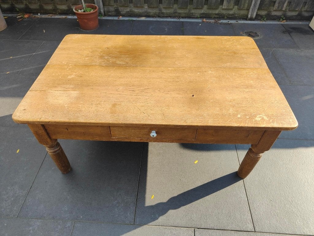 Massief eiken salontafel met lade, Huis en Inrichting, Ophalen, 50 – 75, Gebruikt, 100 tot 150 cm