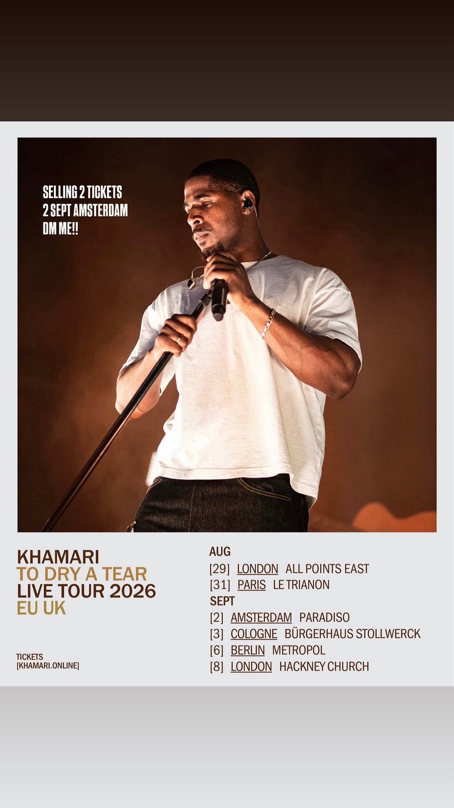 Khamari Tickets 2x Amsterdam 2 sept, Twee personen, September