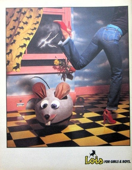7 vintage reclames spijkerbroek 81 Lois Wrangler mode, Ophalen of Verzenden, Gebruikt, Overige typen