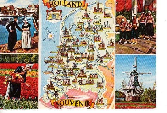 Ansichtkaart	Klederdracht	Bloemen	Molen	5-luik, Verzenden, 1960 tot 1980, Ongelopen, Klederdracht