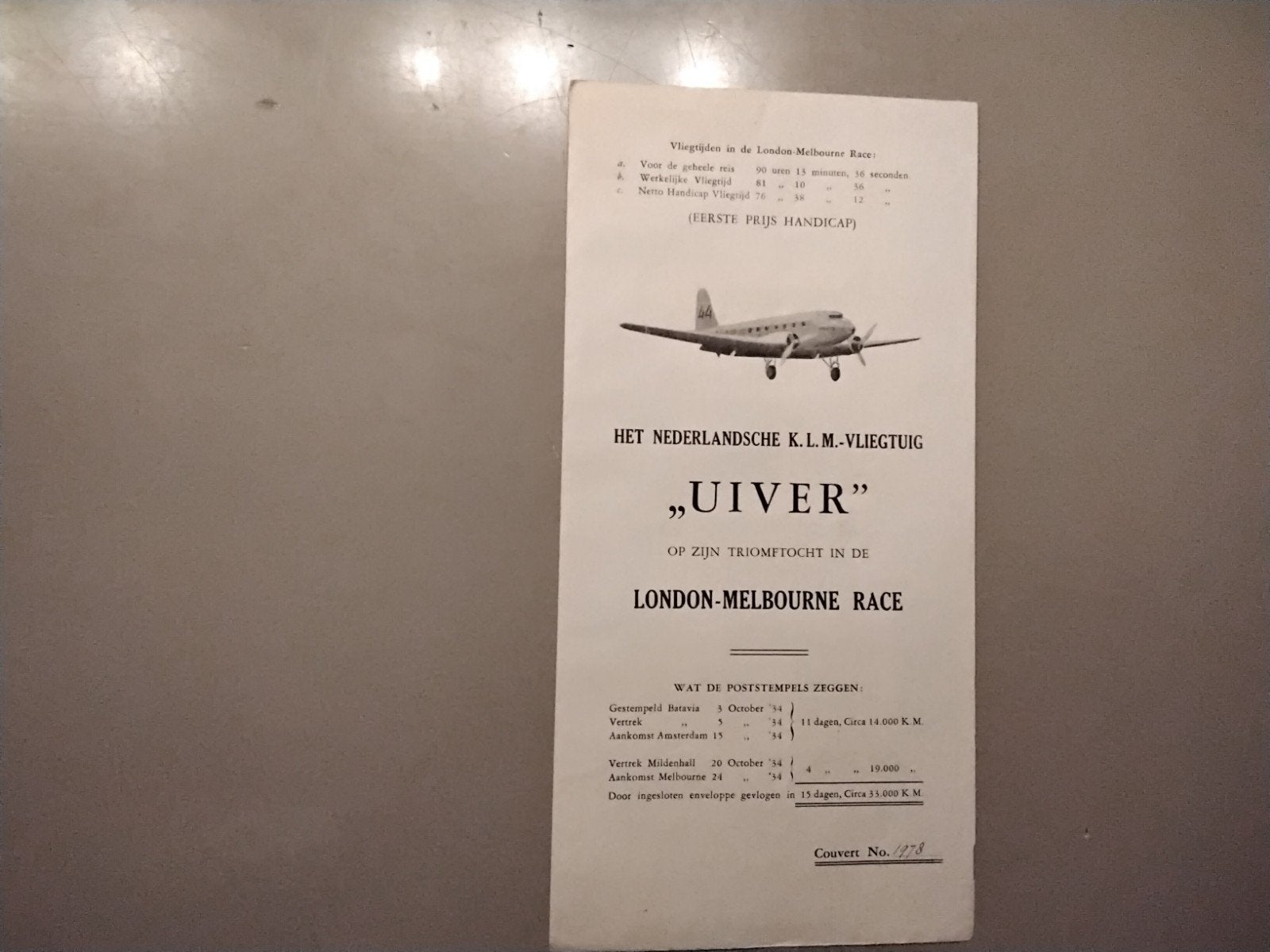 KLM Uiver Mac Robertson Race 1934 - 20 oktober 1934, Verzamelen, Verzenden, Boek of Tijdschrift