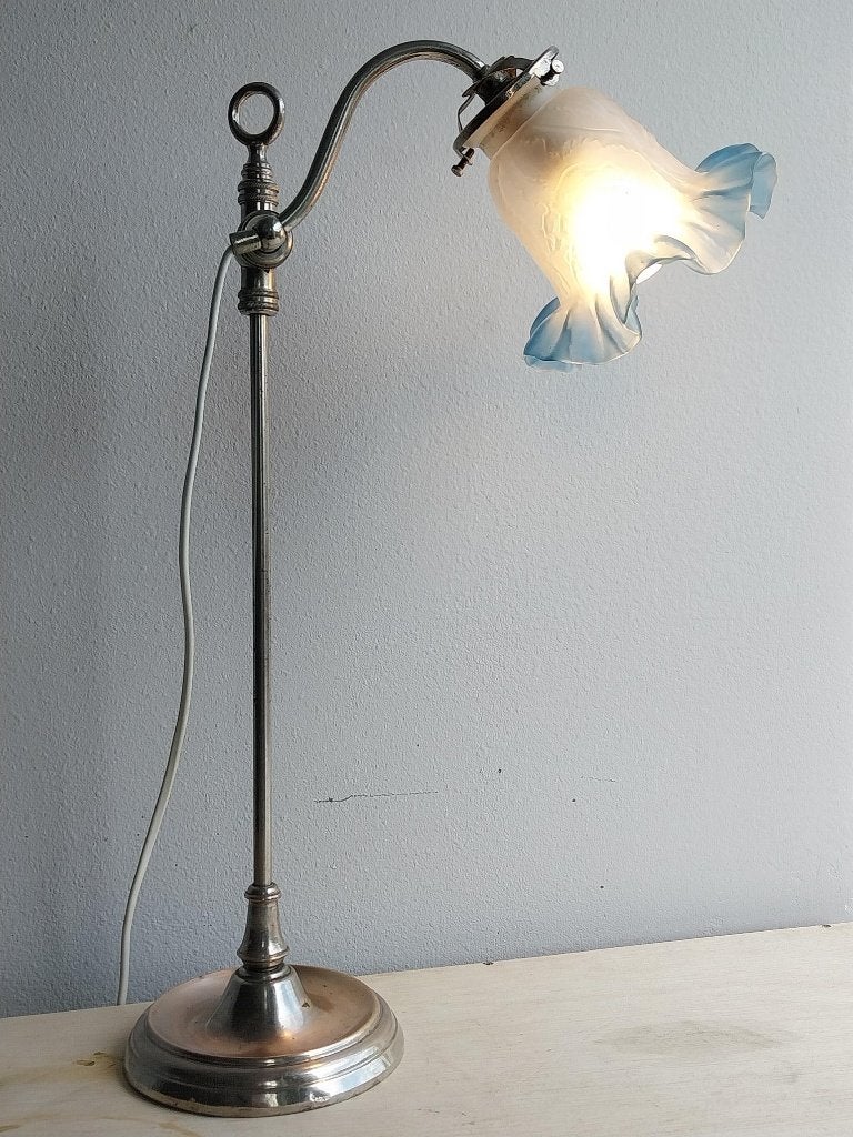 Art Deco bureaulamp verstelbaar met blauw matglas, Ophalen of Verzenden