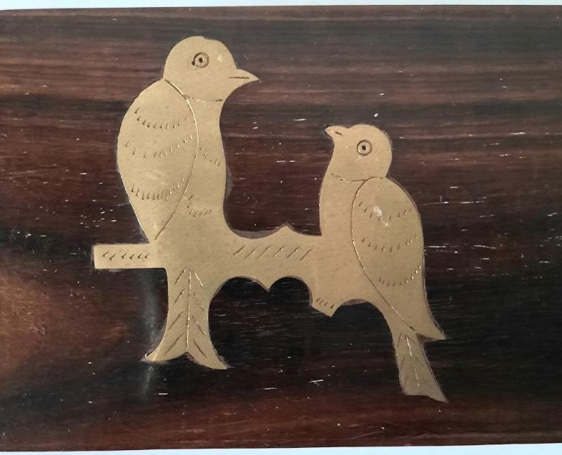 Mahonie kistje/lepel doosje met 2 ingelegen vogeltjes, Minder dan 50 cm, Gebruikt, 200 cm of meer, Ophalen of Verzenden