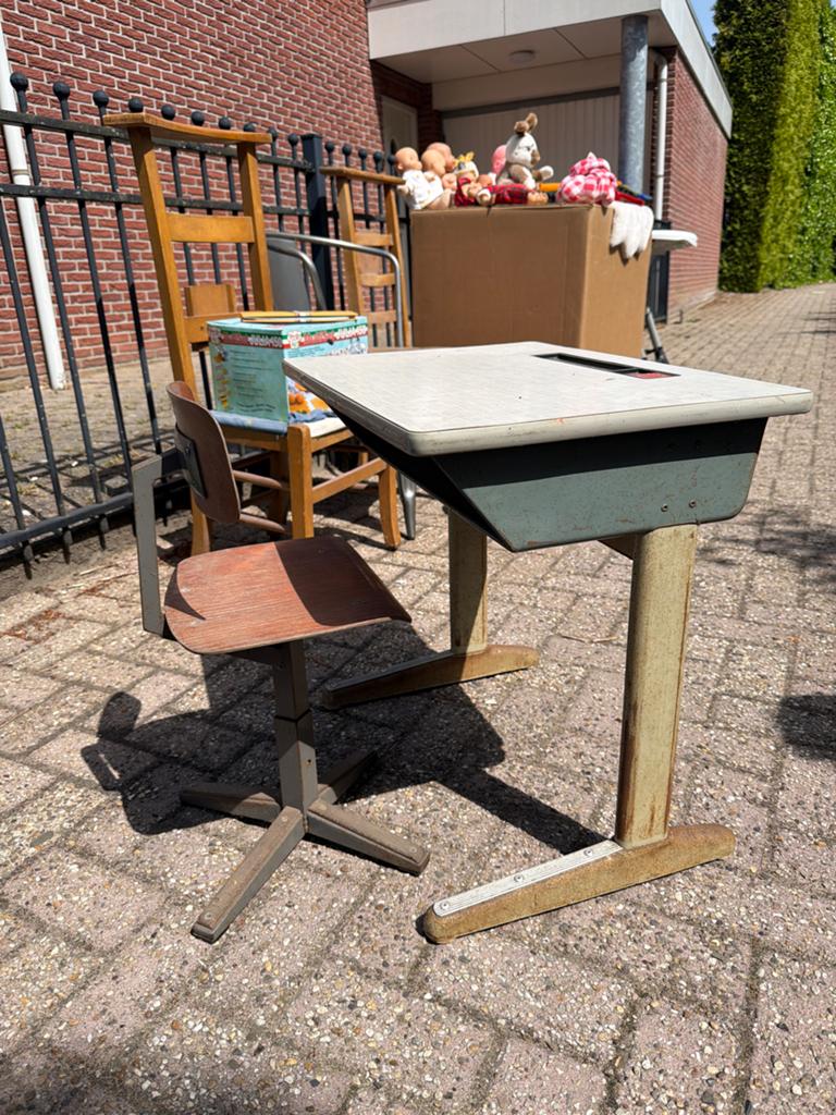 Vintage schoolbankje met stoel, Ophalen of Verzenden