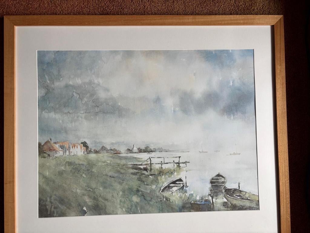 Schilderij: Aquarel Landschap met Boten en Huizen, Ophalen of Verzenden