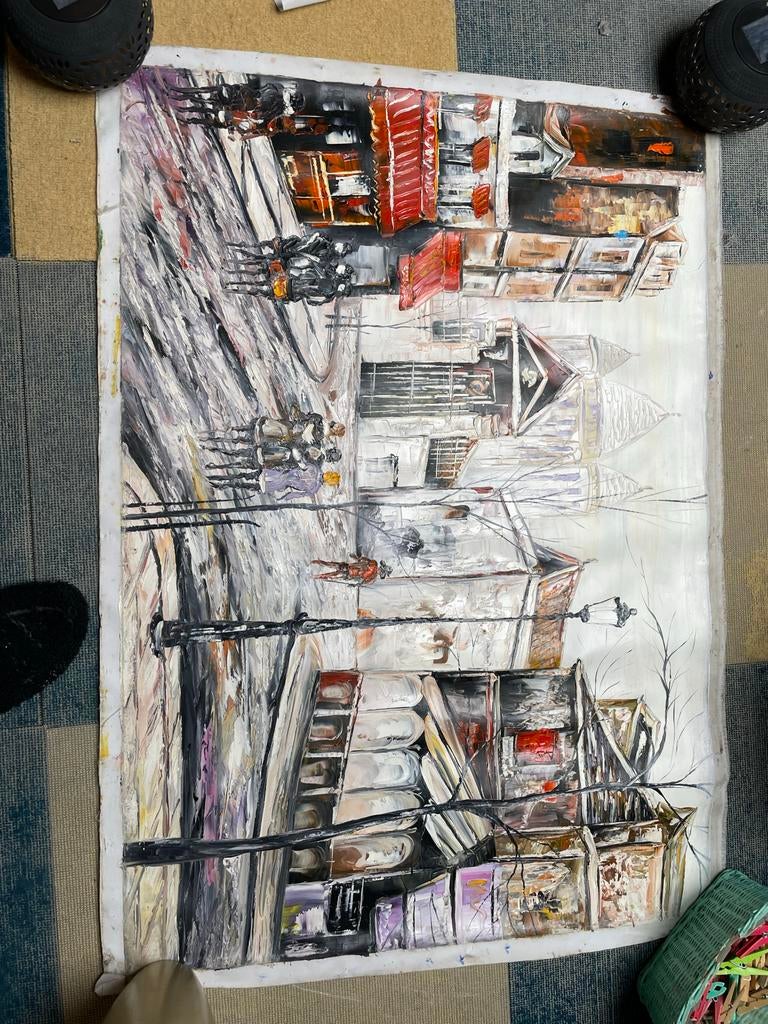 Stadsgezicht Vietnam, geschilderd doek, Antiek en Kunst, Ophalen of Verzenden