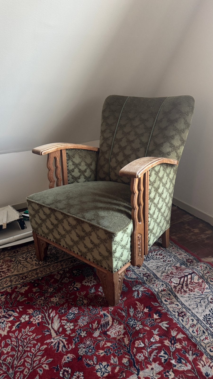Vintage fauteuil / stoel in groen velvet, Huis en Inrichting, Ophalen, Gebruikt, Stof, 50 tot 75 cm