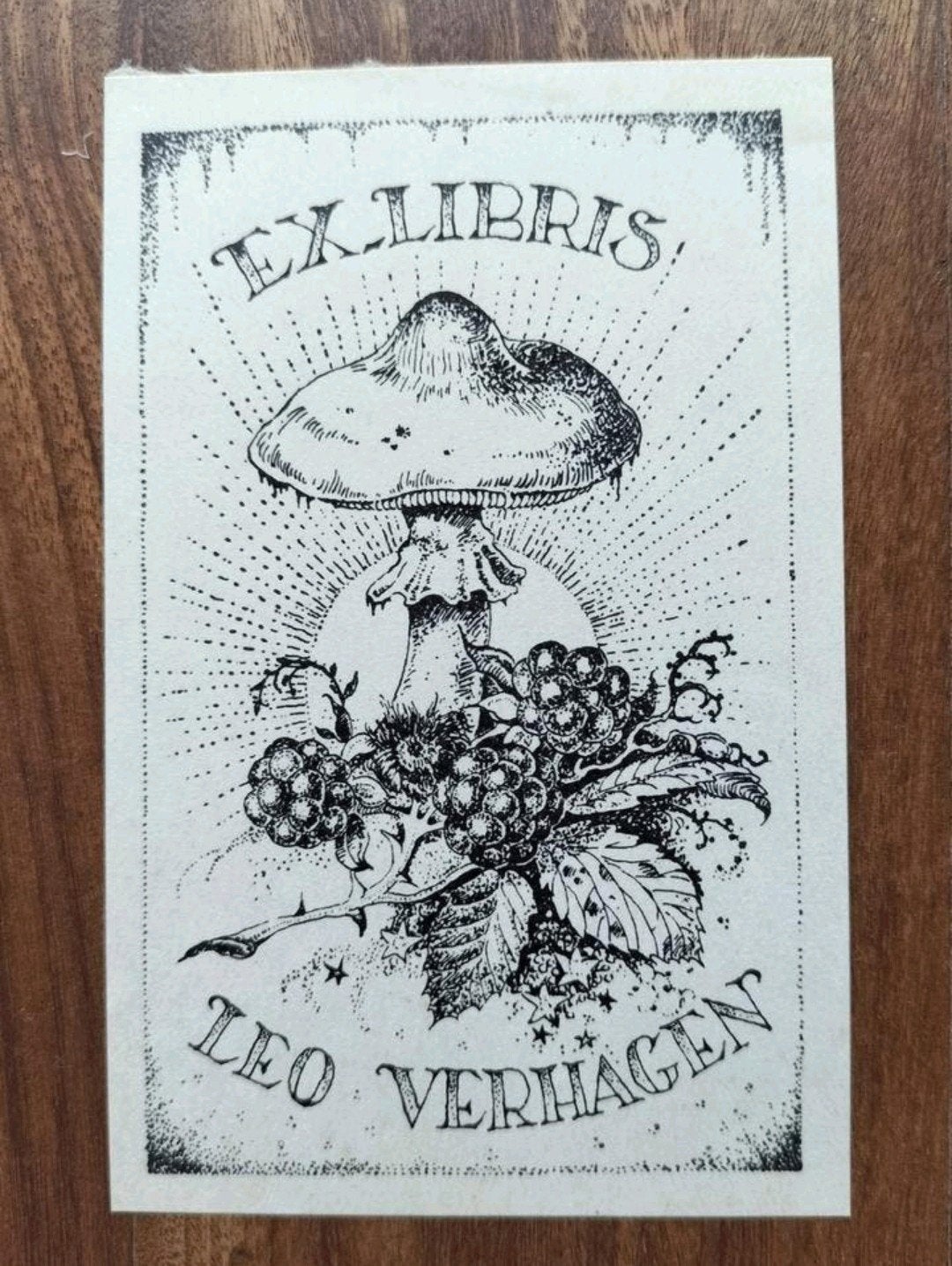Exlibris Leo Verhagen (paddestoel, Jan van Erkelens, 1945), 10 cm, 6 cm, Origineel, Flora en Fauna