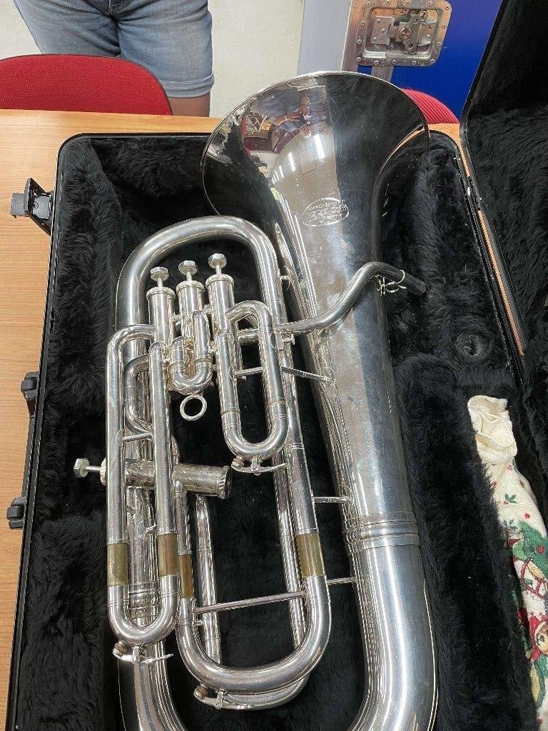 Euphonium Manchester Brass S/N 387125 verzilverd., Ophalen, Gebruikt, Euphonium of Tenortuba, Met koffer of draagtas