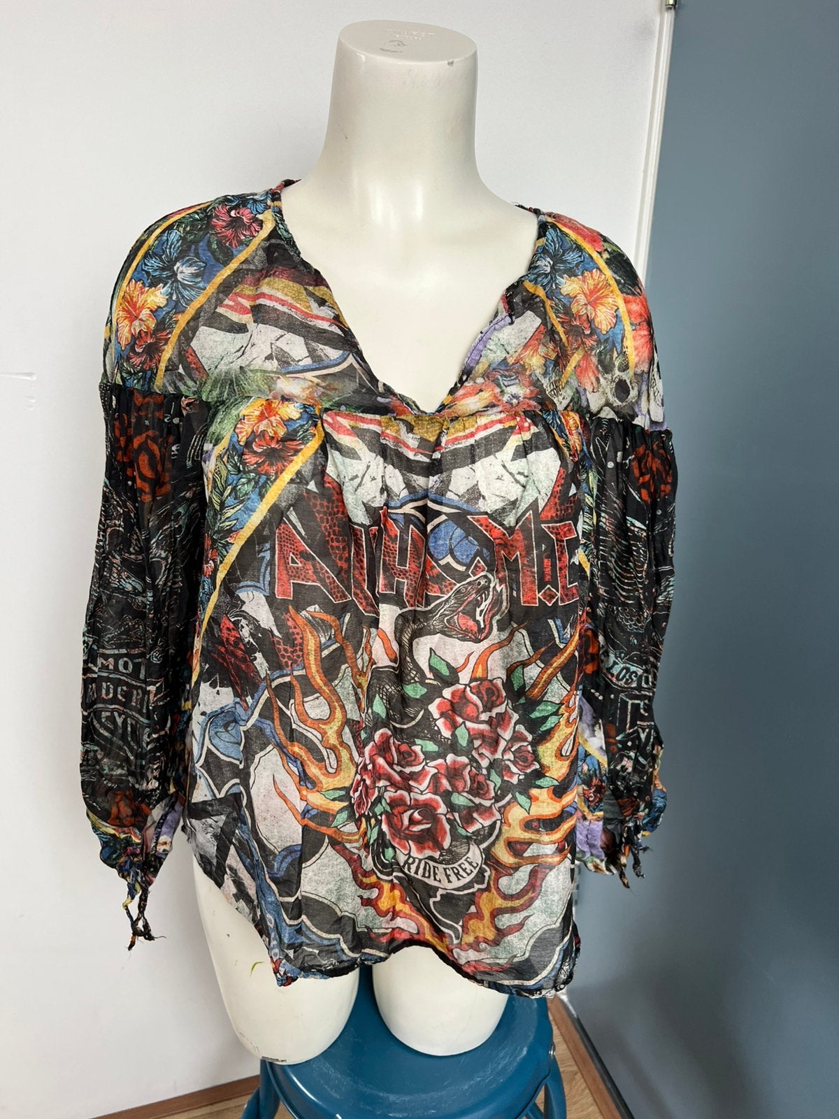 Rude riders zijde viscose doorschijnende top xs ruimvallend, Meerkleurig, Ophalen of Verzenden, Zo goed als nieuw, X