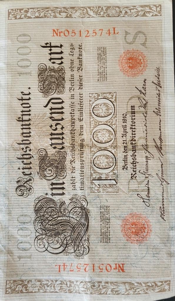 Reichsbanknote 1000 Mark 1910 - Duitsland, Postzegels en Munten, Bankbiljetten | Europa | Niet-Eurobiljetten, Ophalen of Verzenden
