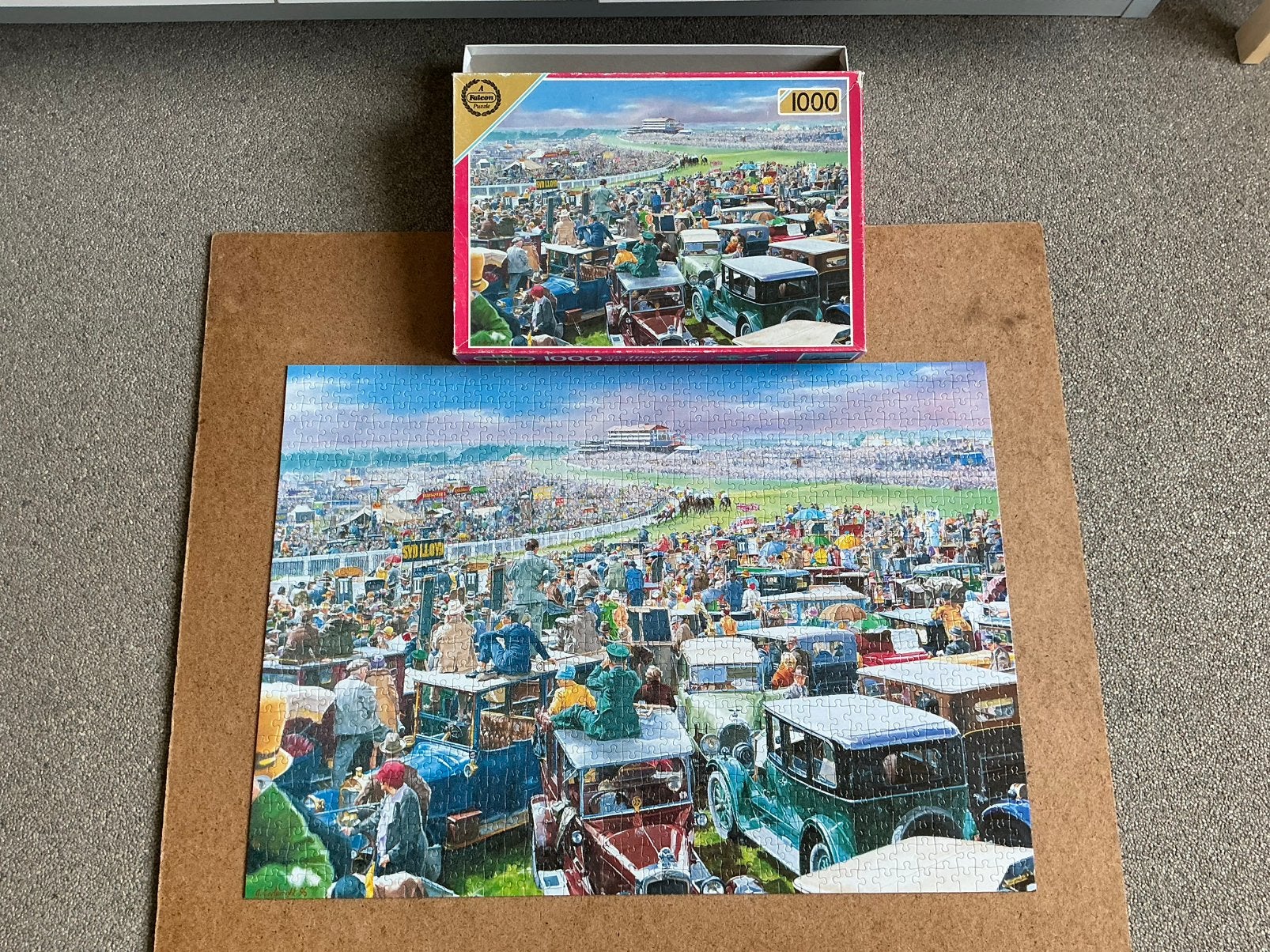 Moeilijke Puzzel Day at the races Paardenraces Oldtimers, Ophalen of Verzenden, 500 t/m 1500 stukjes, Gebruikt, Legpuzzel