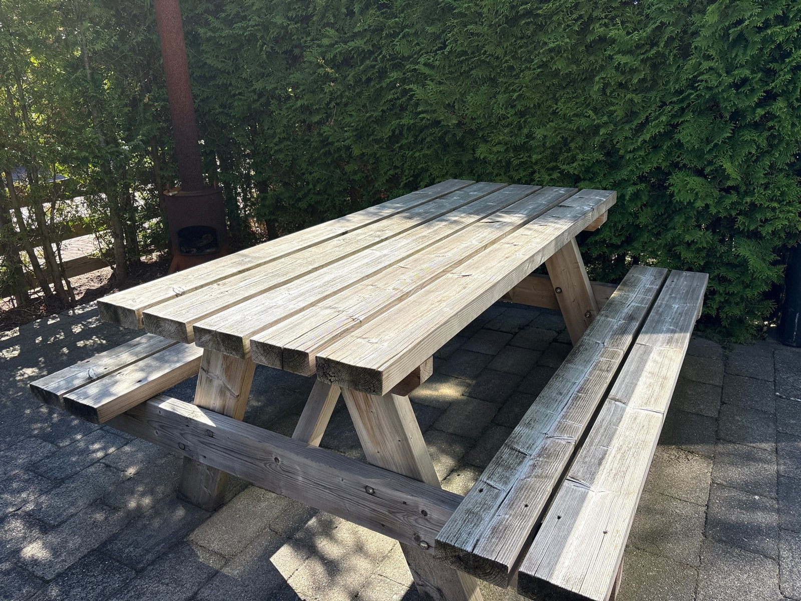 Robuuste houten picknicktafel - 2.3m lang, Tuin en Terras, Picknicktafels, Ophalen, Gebruikt, Rechthoekig, Hout