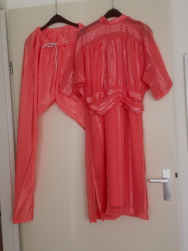 1.Indiase / bollywood Salwar kameez - oranje roze met zilver, Maat 38/40 (M), Overige typen, Oranje, Ophalen of Verzenden