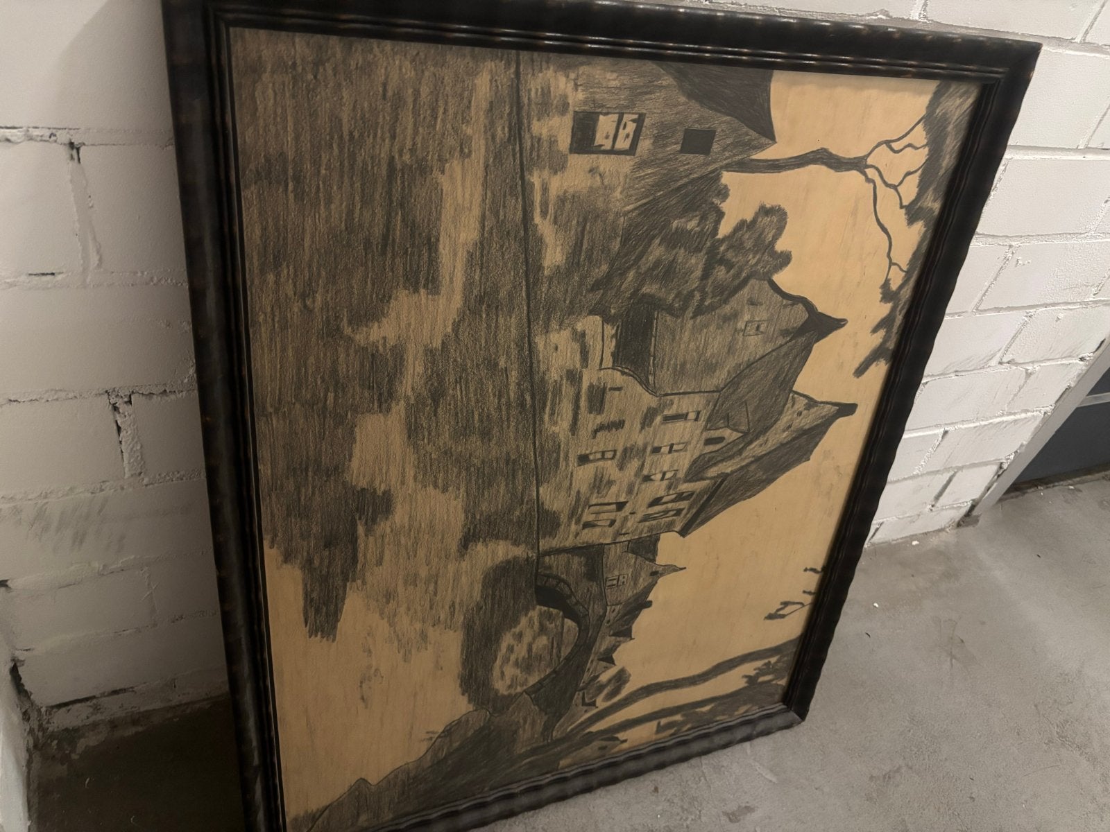 Ingelijste potloodtekening van een fantasielandschap, Antiek en Kunst, Ophalen of Verzenden, Tekening, Potloodtekening, Ingelijst