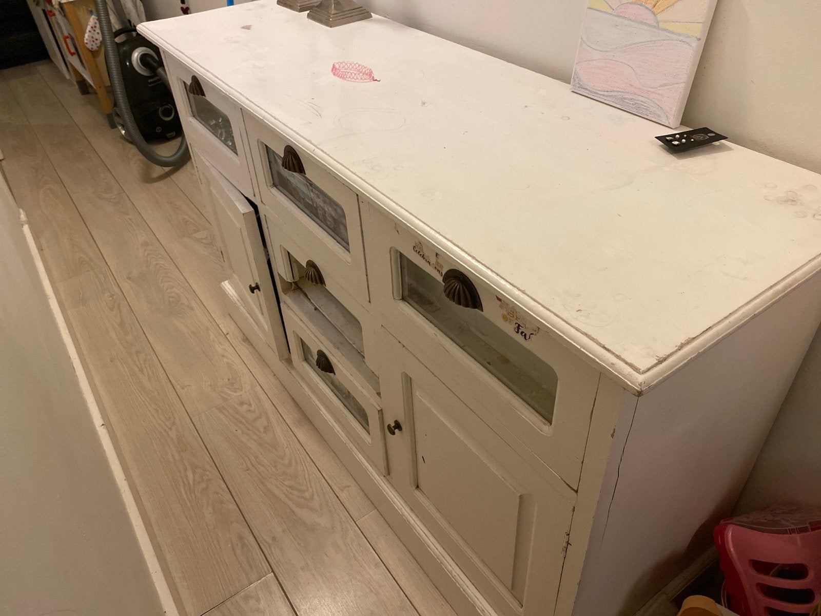 Vintage wit dressoir met lades en deuren, Huis en Inrichting, Ophalen, Gebruikt, 150 tot 200 cm, Met lade(s)