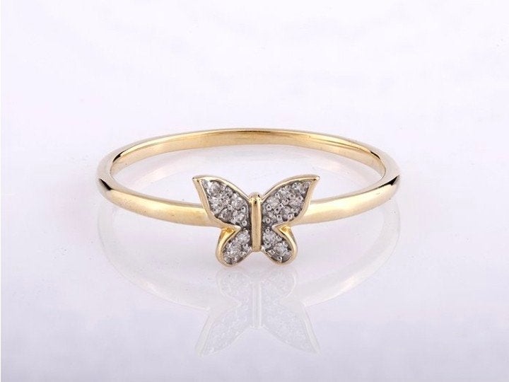 14 karaat Gouden ring met diamanten vlinder (natuurlijk), Nieuw, Ophalen of Verzenden, 17 tot 18, Met edelsteen