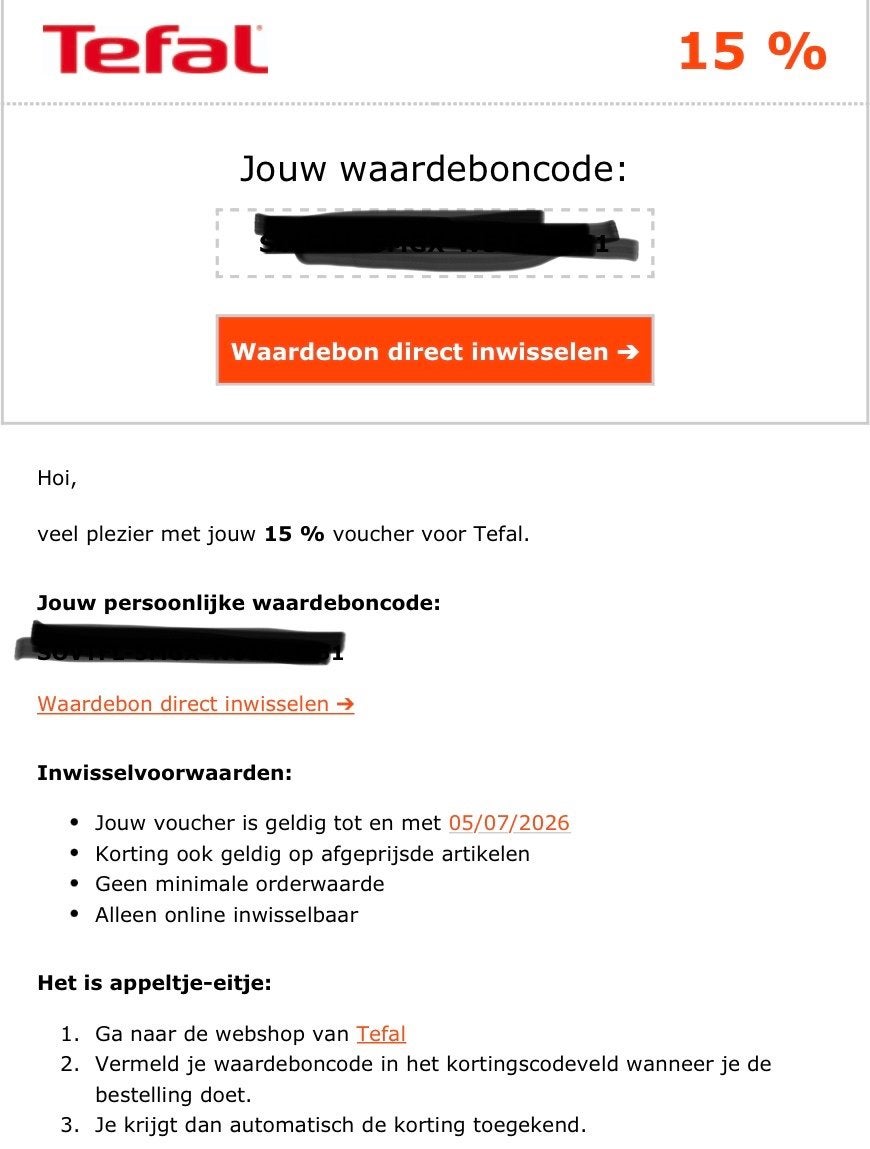 Tefal 15% korting, Eén persoon, Kortingsbon
