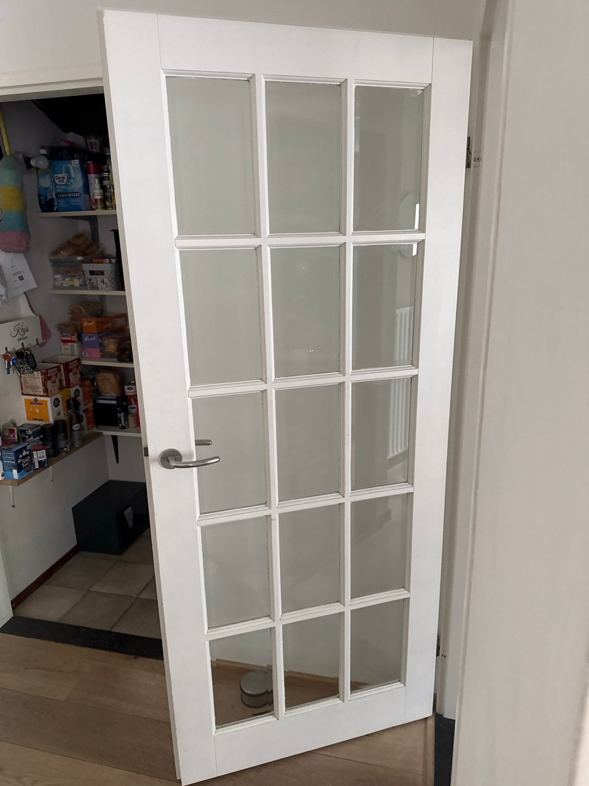 Hardhouten opdekdeur met glas en RVS kruk - wit, Ophalen, Gebruikt, 80 tot 100 cm, Binnendeur