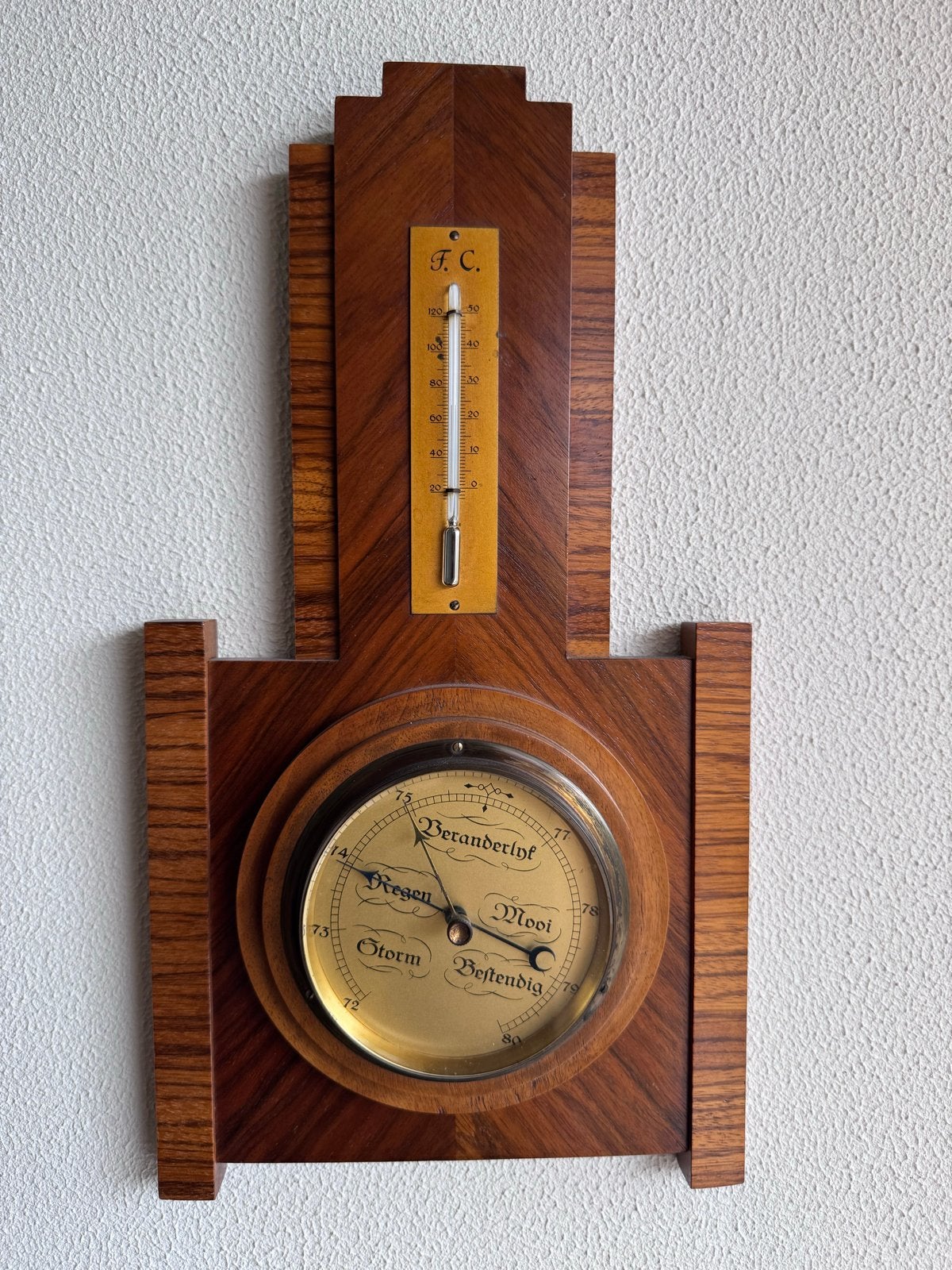 Antieke Barometer en Thermometer in Houten Behuizing, Ophalen, Gebruikt, Weerstation