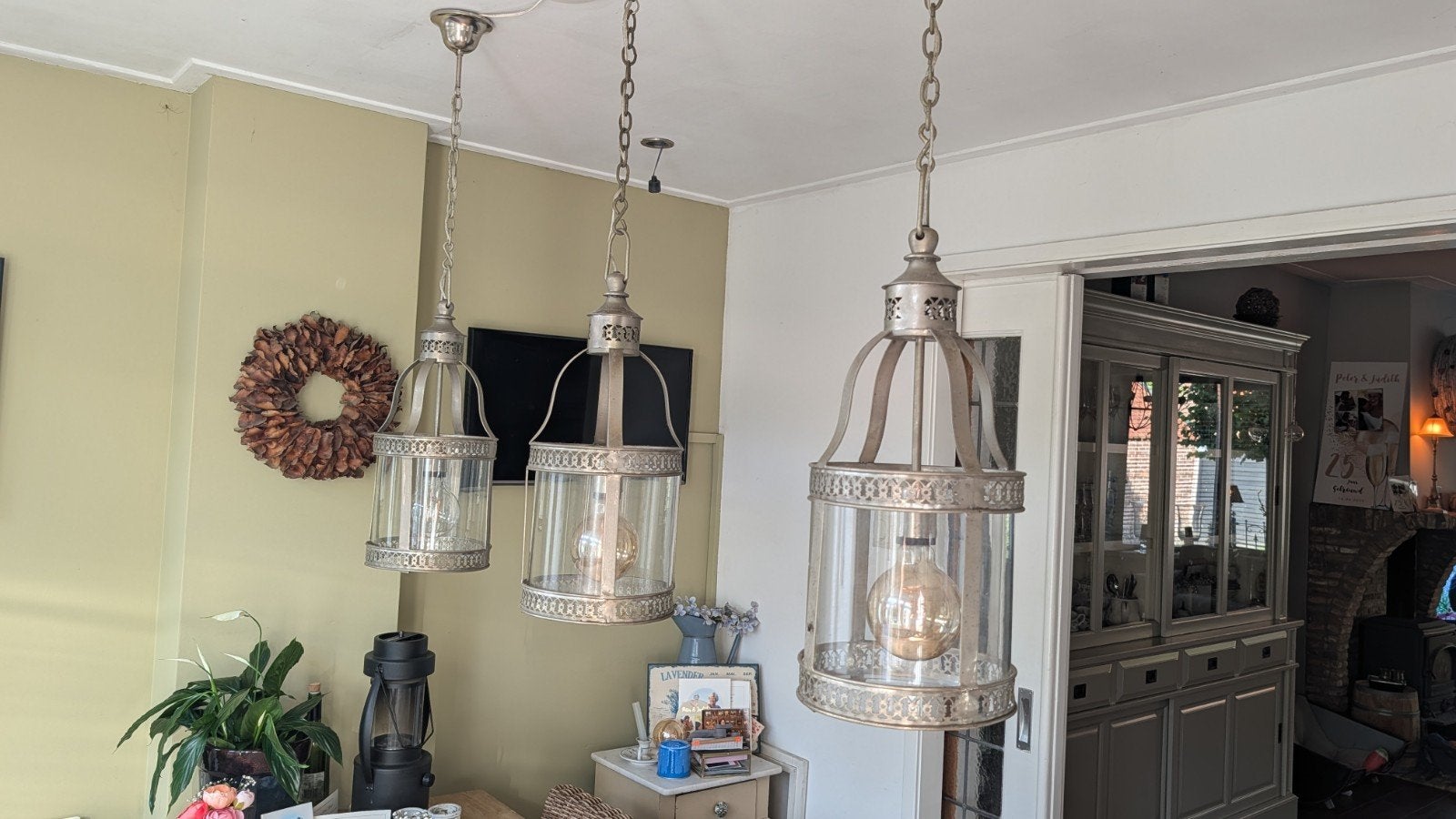 Set van 3 antieke hanglampen met glazen cilinder, Gebruikt, Glas, Antiek, Klassiek, E27 (groot)