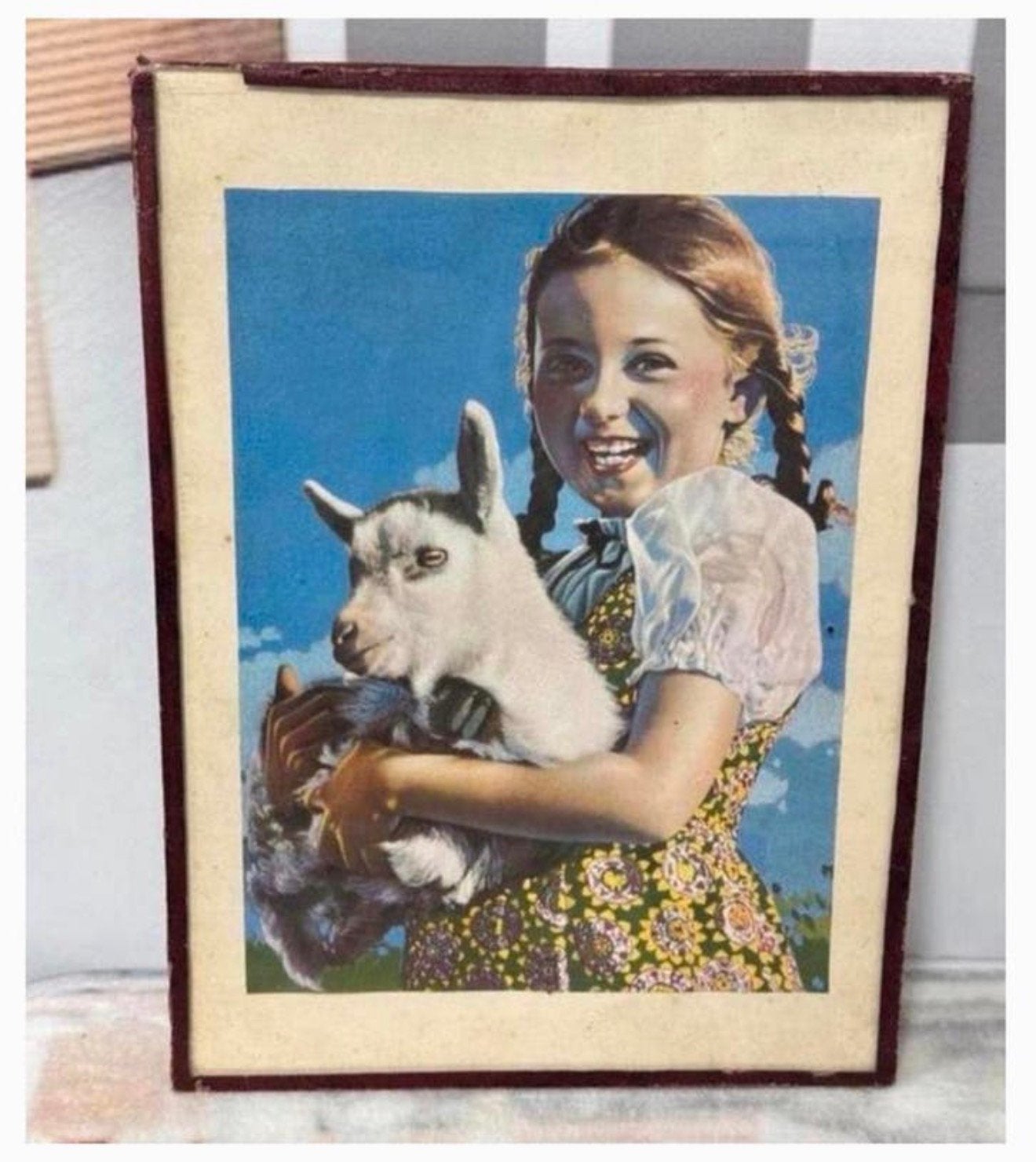 Vintage meisje met geit, glas glazen wanddecoratie 20x27cm, Antiek en Kunst, Ophalen of Verzenden