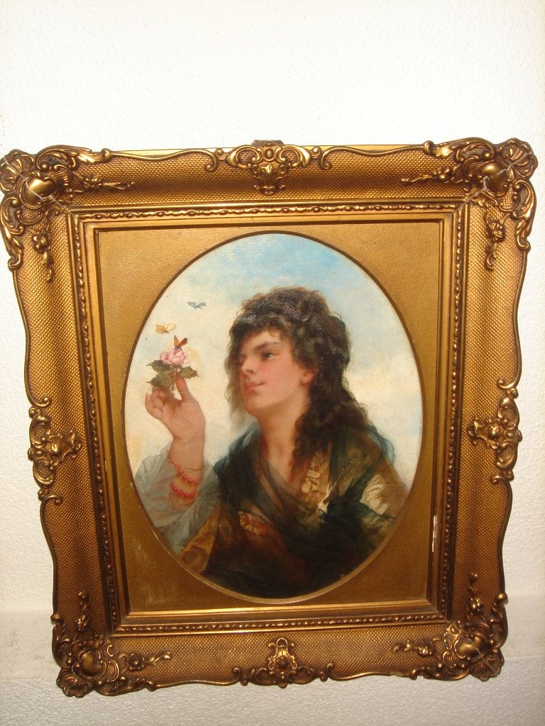 Norbert Schrödl (1842-1912) - Pretty woman with butterflies., Doek, Portret of Personen, Ophalen of Verzenden, Olieverf